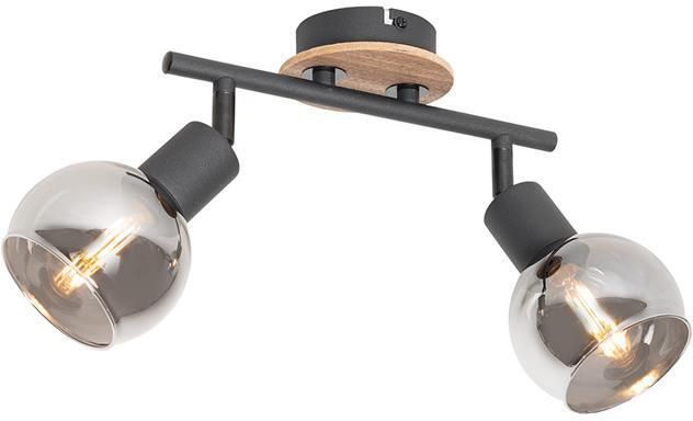 QAZQA Plafondlamp zwart met smoke glas en hout 2-lichts Vidro