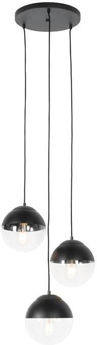 QAZQA Retro hanglamp zwart met helder glas rond 3-lichts Eclipse