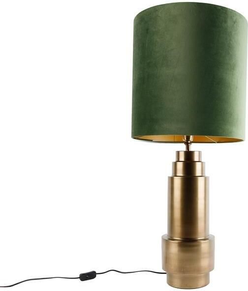 QAZQA Tafellamp brons velours kap groen met goud 40 cm Bruut