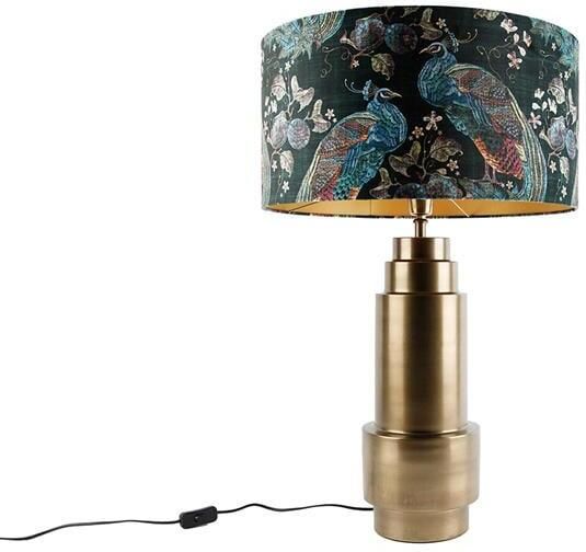 QAZQA Tafellamp brons velours kap pauw groen met goud 50 cm Bruut