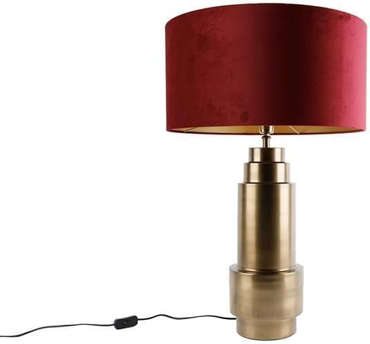 QAZQA Tafellamp brons velours kap rood met goud 50 cm Bruut