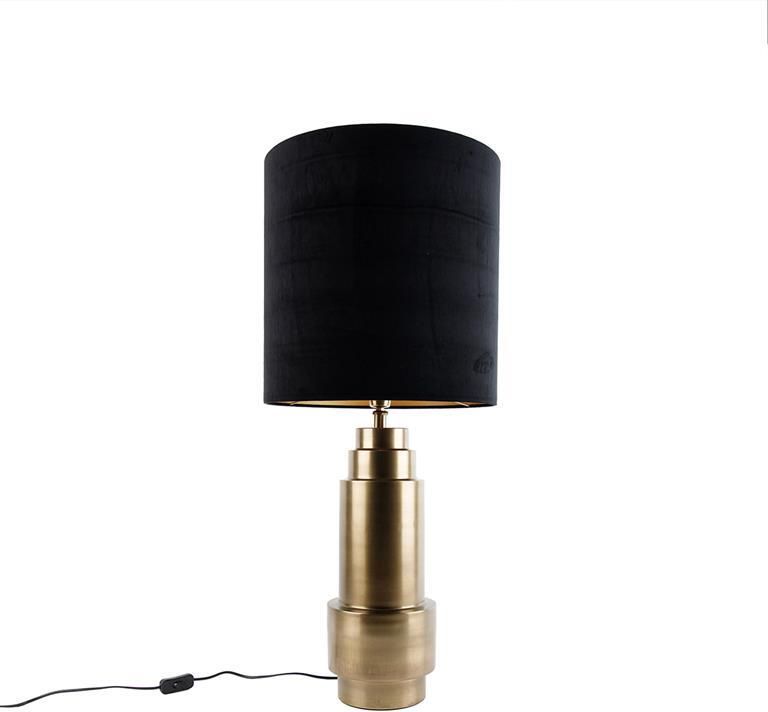 QAZQA Tafellamp brons velours kap zwart met goud 40 cm Bruut
