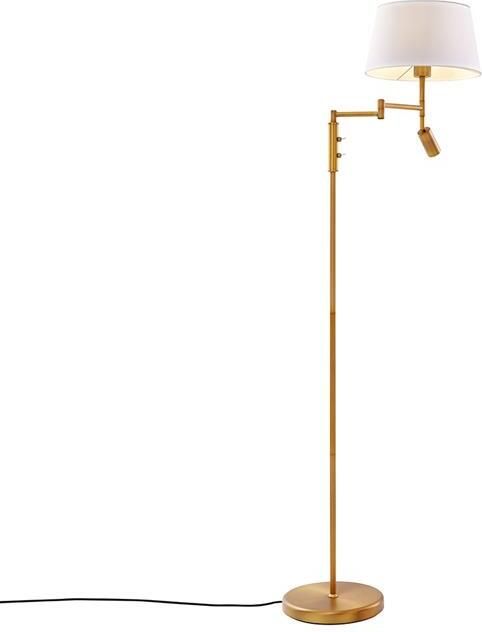 QAZQA Vloerlamp brons met witte kap en verstelbare leeslamp Ladas