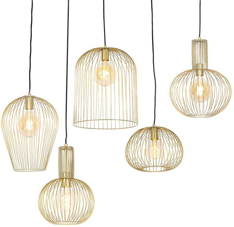 QAZQA Set van 5 design hanglampen goud Wires - Foto 1