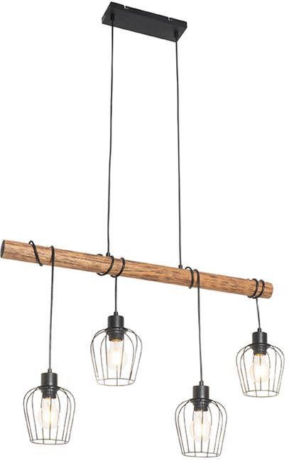 QAZQA Smart hanglamp zwart met hout incl. 4 Wifi A60 Stronk - Foto 1
