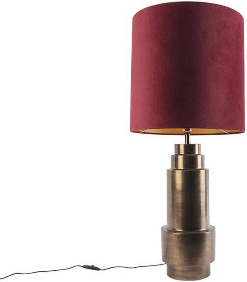 QAZQA Art deco tafellamp brons velours kap rood met goud 40 cm - Foto 1
