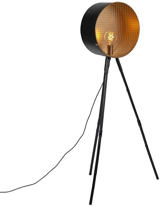 QAZQA Vintage vloerlamp op bamboo driepoot zwart met goud Barrel