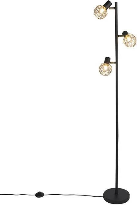 QAZQA Design vloerlamp zwart met goud 3-lichts verstelbaar Mesh - Foto 1