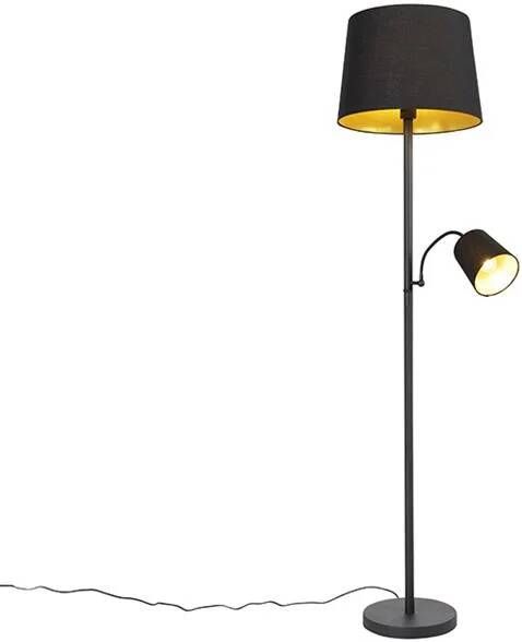 QAZQA Klassieke vloerlamp zwart met goud en leeslampje Retro