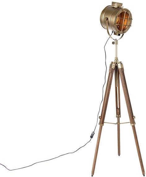 QAZQA Tripod studiospot vloerlamp brons met hout Shiny