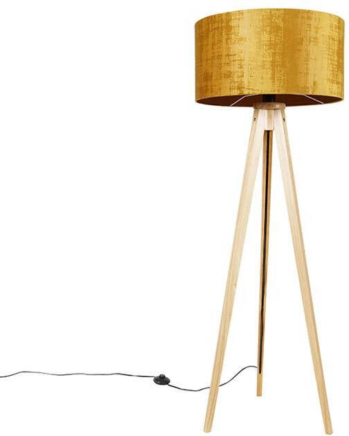 QAZQA Vloerlamp hout met stoffen kap goud 50 cm Tripod Classic