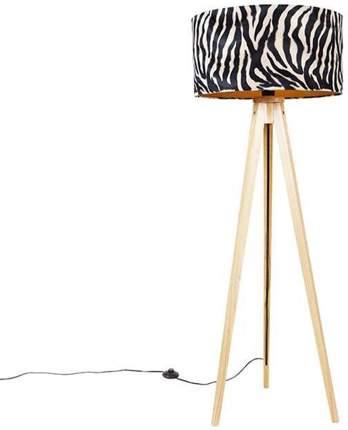 QAZQA Vloerlamp hout met stoffen kap zebra 50 cm Tripod Classic - Foto 1