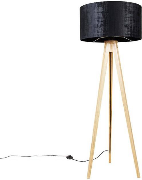 QAZQA Vloerlamp hout met stoffen kap zwart 50 cm Tripod Classic