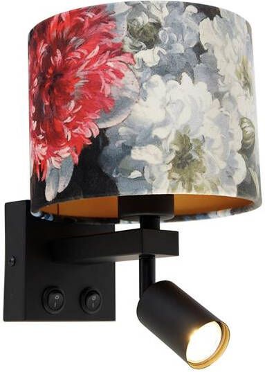 QAZQA Wandlamp zwart met leeslamp en kap 18 cm bloemen Brescia - Foto 1