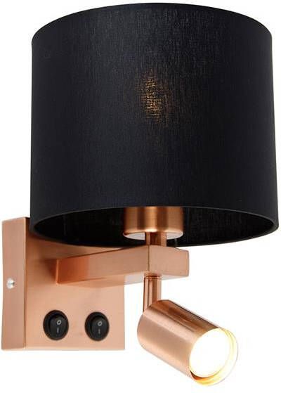 QAZQA Wandlamp koper met leeslamp en kap 18 cm zwart Brescia - Foto 1