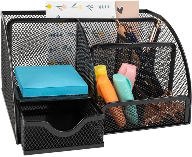 QUVIO Bureau organizer 5 vakken + 1 lade + 1 plankje met gaas Zwart