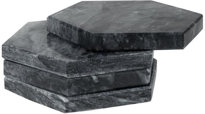 QUVIO Glasonderzetter Hexagon Marmer Zwart set van 4