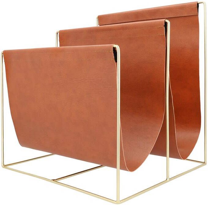 QUVIO Tijdschriftenrek van metaal en leer Bruin met goud - Foto 1