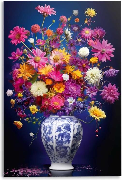 Reinders Delft Blue Vibrant Flowers Glasschilderij 78x116cm