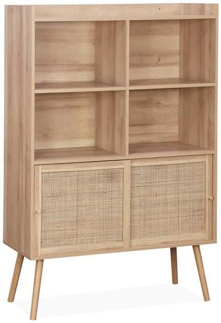 Sweeek Boekenkast met 5 planken 2 schuifdeuren hout- en rieteffect - Foto 2