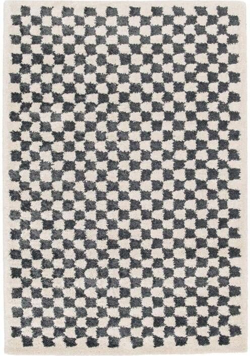 Sweeek Donkerblauw en crèmekleurig dambord vormig interieur tapijt