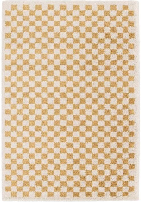 Sweeek Interieur tapijt met dambord vorm in mosterdgeel en crème