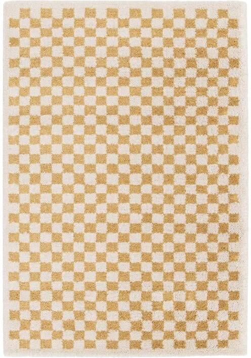 Sweeek Interieur tapijt met dambord vorm in mosterdgeel en crème