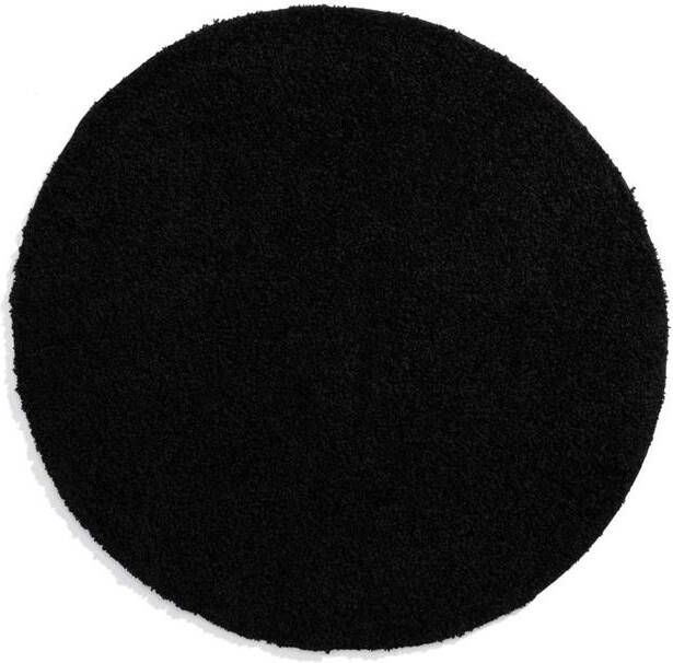 Tapeso Rond hoogpolig vloerkleed shaggy Trend effen zwart 120 cm rond