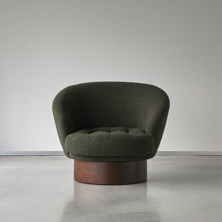 Tikamoon Fauteuil in massief mindihout en groene bouclé stof Ines 1-zit