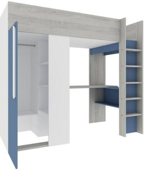 Mezzanine bed 90 x 200 cm met kleerkast en bureau Blauw en wit NICOLAS L 205.2 cm x H 183.1 cm x D 110 cm - Foto 2