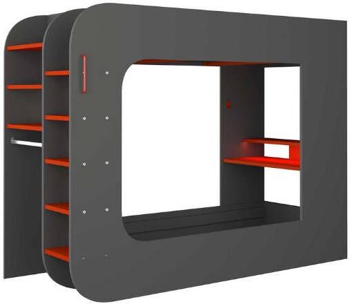 Hoogslaper 90 x 200 cm Met game bureau en opbergruimte LEDs Antraciet & rood WARRIOR L 238.1 cm x H 183.6 cm x D 97.6 cm