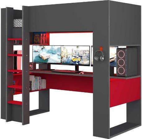 Hoogslaper gamer NOAH met bureau en opbergruimtes 90 x 200 cm met LED's Antraciet en rood L 206 cm x H 183 cm x D 110 cm