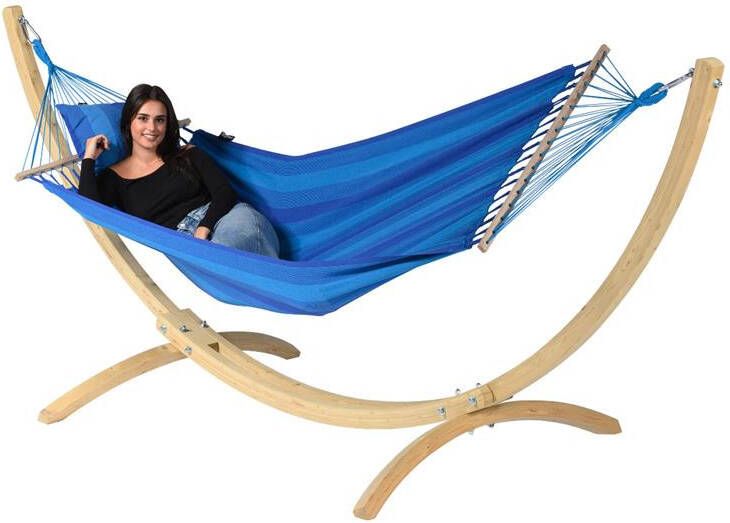 Tropilex Hangmat met Standaard Eénpersoons Wood & Relax Blue Blauw
