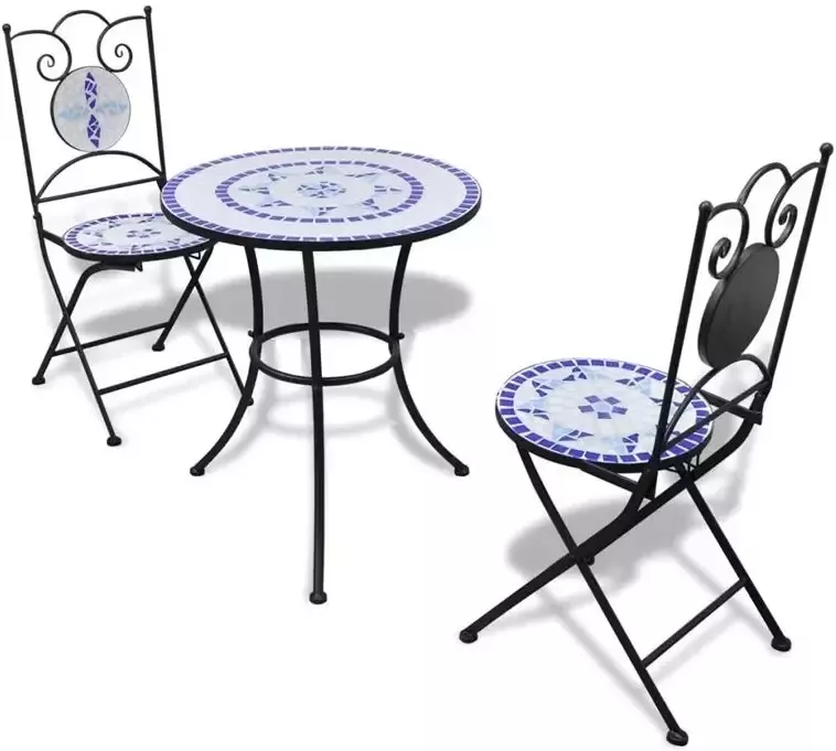 VidaXL Bistrotafel met 2 stoelen 60 cm mozaïek blauw|wit