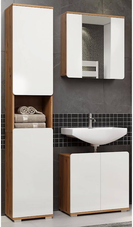Trendteam smart living trendteam badkamer 3-delige combinatie Ciara Artisan eiken melamine wit hoogglans diepgetrokken 112 x 191 x 34 cm - Foto 1