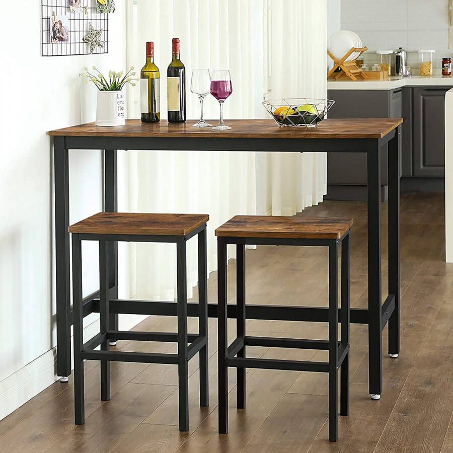 Vasagle Bartafel-set statafel met 2 barkrukken keukenbar met barstoelen keukentafel en keukenstoelen in industrieel design voor in de keuken 120 x 60 x 90 cm vintage donkerbruin