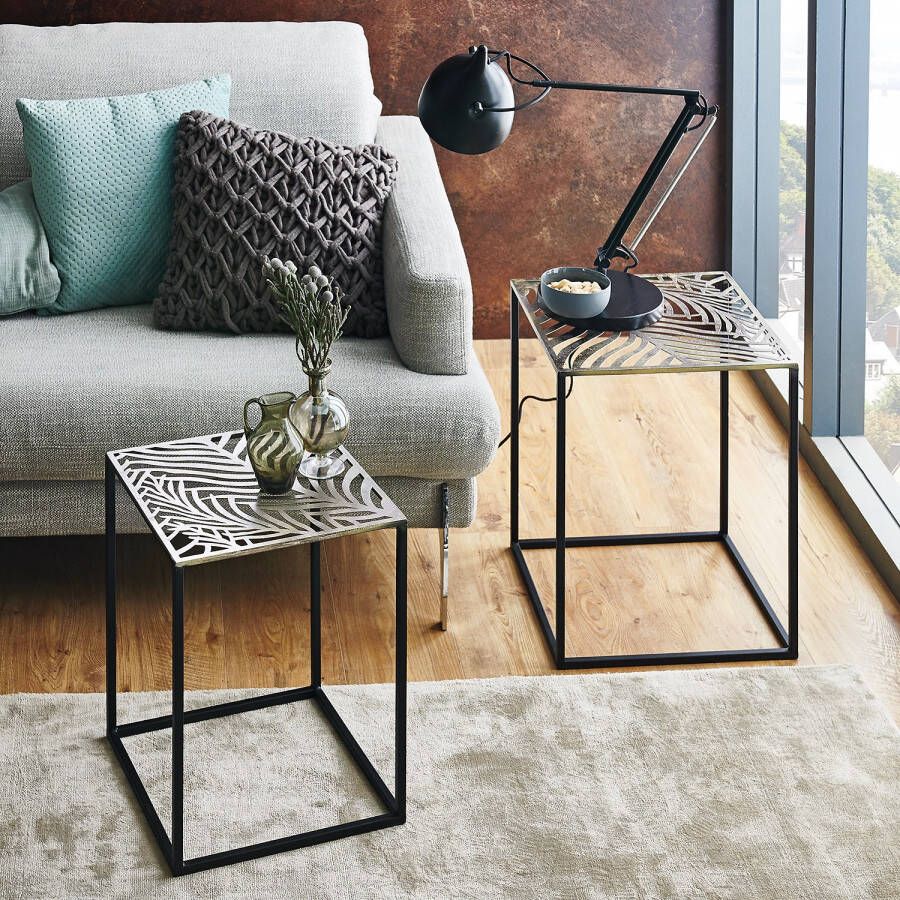 Haku EMOB Bijzettafelset 35 x 35 x 45 cm Black Leaf-design Hoektafels Zwart Metaal Hoektafels Op voorraad