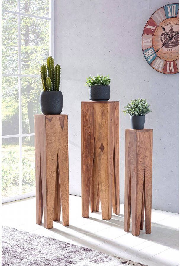 Wohnling bijzettafel set van 3 massief houten acacia woonkamertafel design kolommen landelijke stijl salontafel vierkant