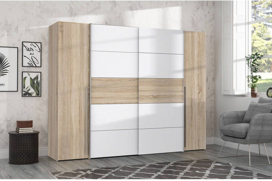 Merkloos NARAGO kledingkast Sonoma eiken en mat wit decor 2 schuifdeuren + 2 draaideuren L270 x D61 x H210 cm - Foto 11