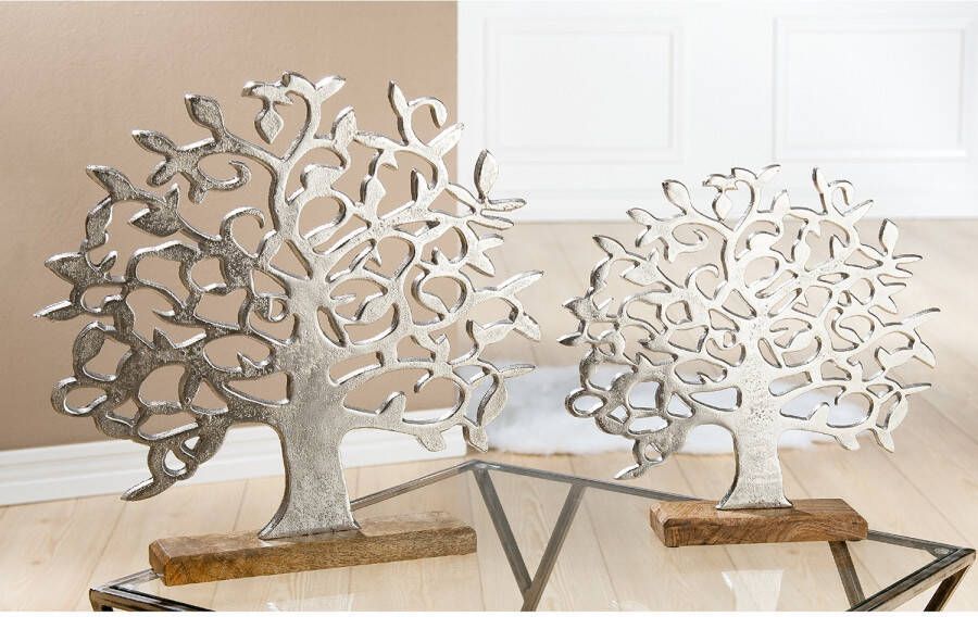GILDE Decoratief object Levensboom op houten standaard zilverkleur Hoogte 46 cm van metaal voet van hout woonkamer (1 stuk) - Foto 3