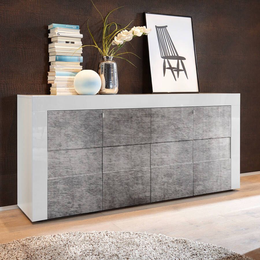 Merkloos Dressoir Glanzend wit gelakt en mat betoneffect Eigentijdse stijl 4 deuren GENOVA L 180 x D 41 x H 83 cm - Foto 2