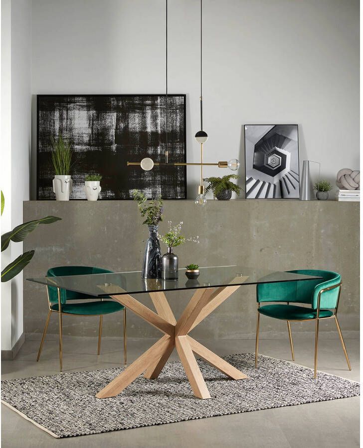 Kave Home Argo glazen tafel en stalen poten met houteffect 200 x 100 cm - Foto 1