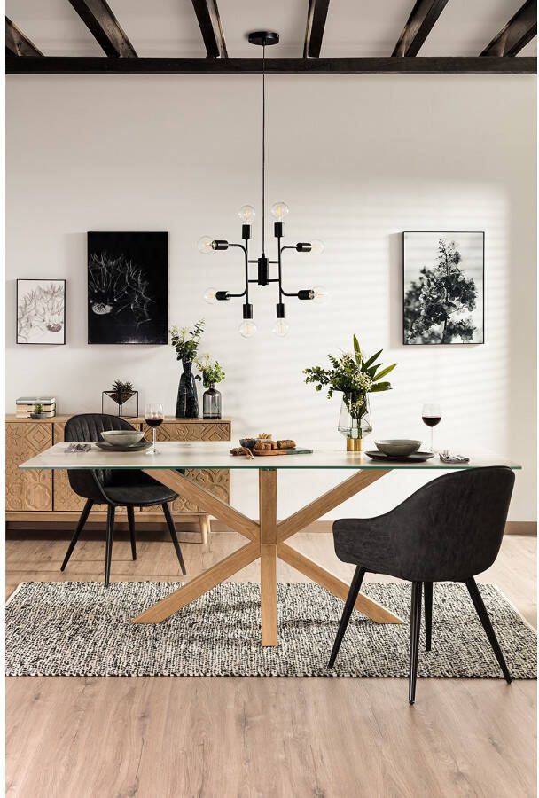 Kave Home Argo tafel in wit porselein met hout-effect stalen poten 180 x 100 cm