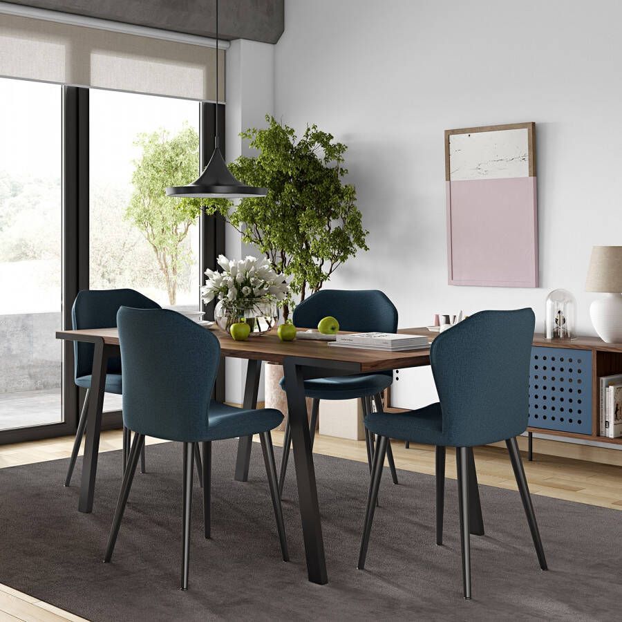 TemaHome Eettafel Walnoten tafelblad Zwart metalen onderstel