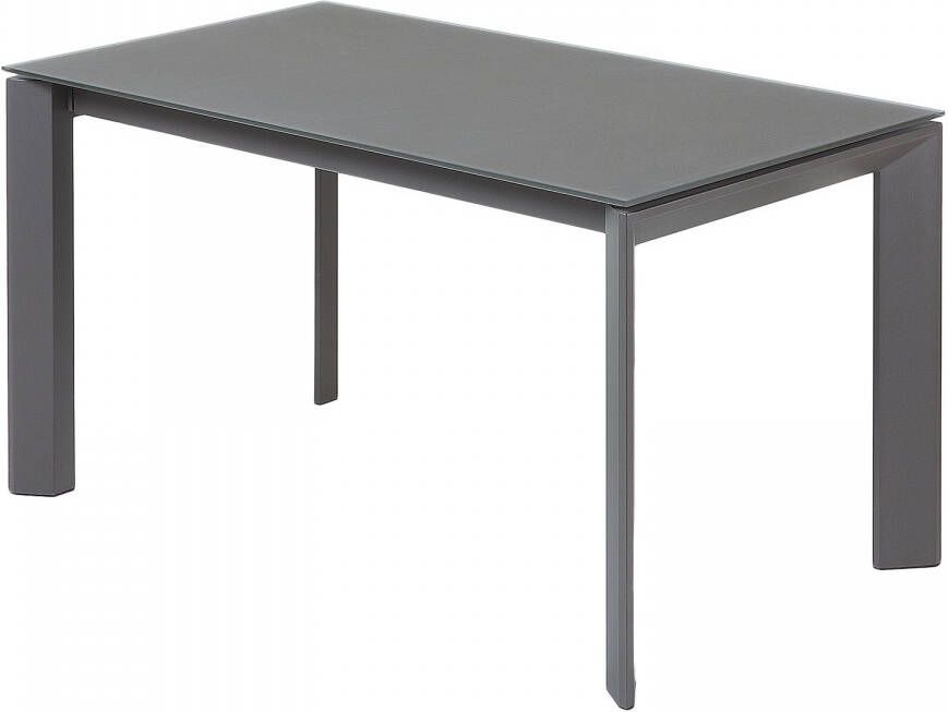 Kave Home Axis uitschuifbare tafel in grijs glas en grafiet stalen poten (200) cm