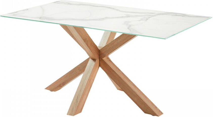 Kave Home Argo tafel in wit porselein met hout-effect stalen poten 160 x 90 cm