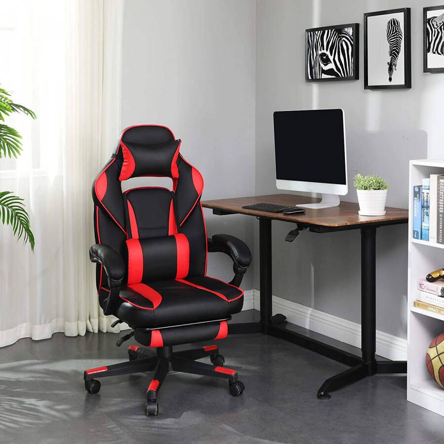 Songmics Gaming chair bureaustoel met voetsteun bureaustoel met hoofdsteun en lendenkussen in hoogte verstelbaar ergonomisch 90-135° kantelhoek tot 150 kg draagvermogen zwart-rood