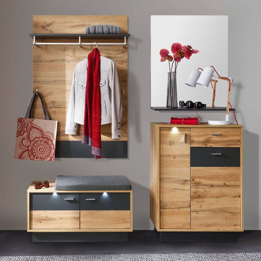 Trendteam smart living Trendteam Coast Stoelbank commode schoenenkast 84 x 43 x 35 cm in Wotan eiken decor grijs met LED-verlichting zonder zitkussen