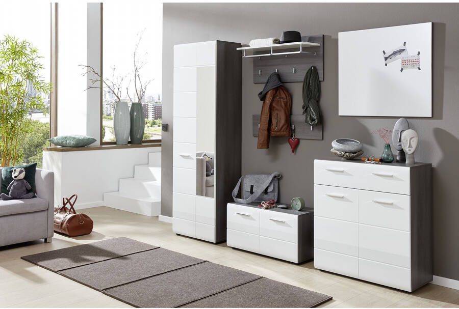 Trendteam smart living Garderobe schoenencommode zitbank Line 80 x 41 x 35 cm front: wit hoogglans corpus: Sardegna rookzilver melamine met veel opbergruimte