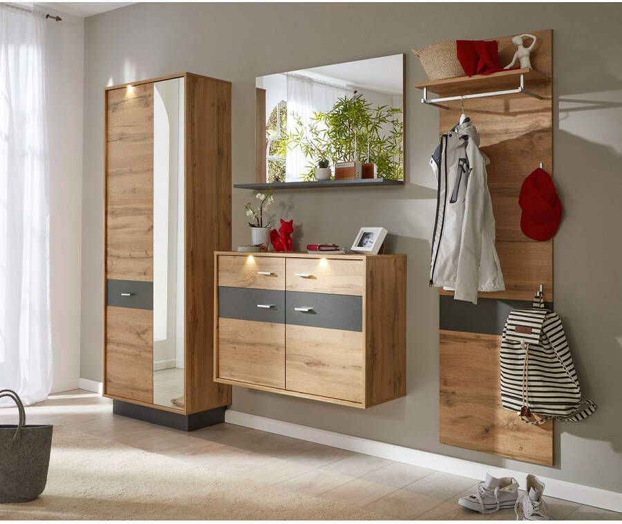 Trendteam smart living Garderobe garderobekast kast Coast 69 x 191 x 35 cm in Wotan eiken decor grijs met LED-verlichting en spiegel